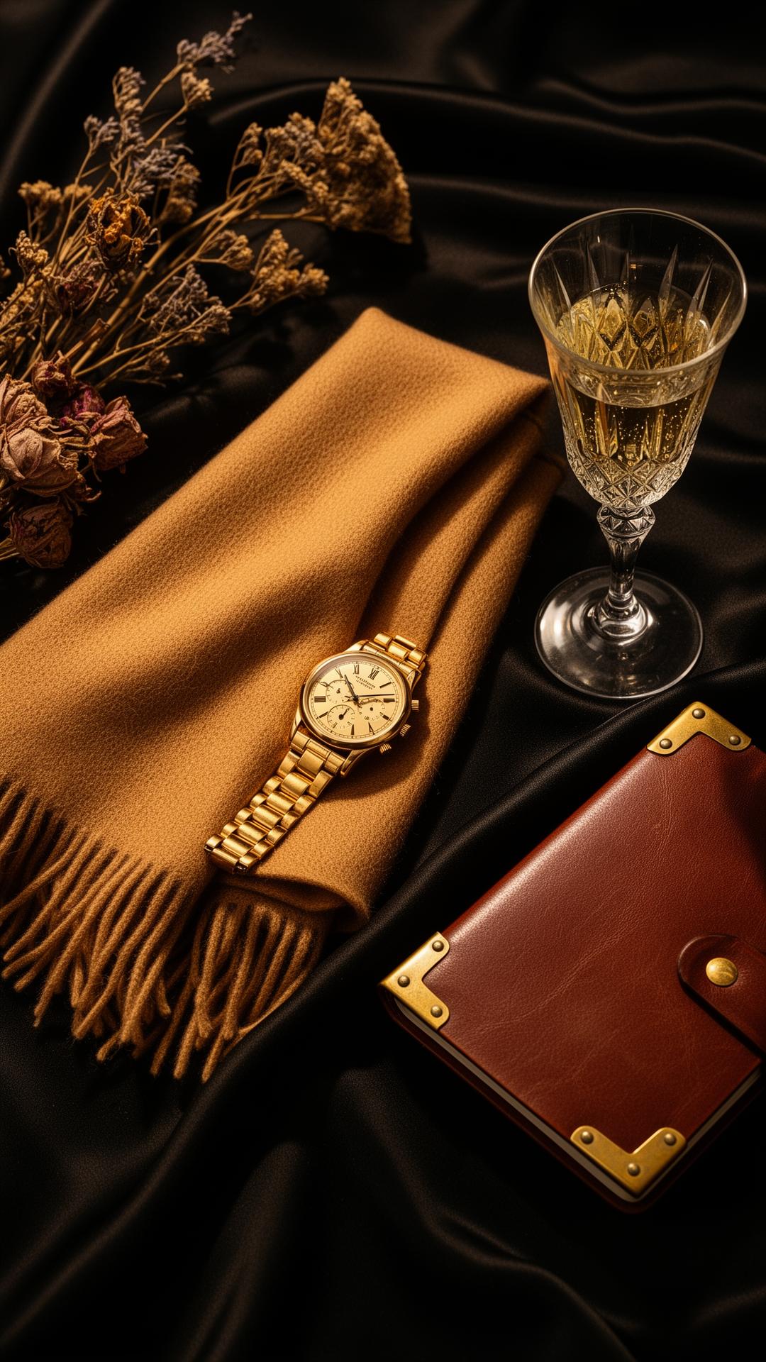 A still life of a gold watch, cashmere scarf, champagne coupe and leather notebook