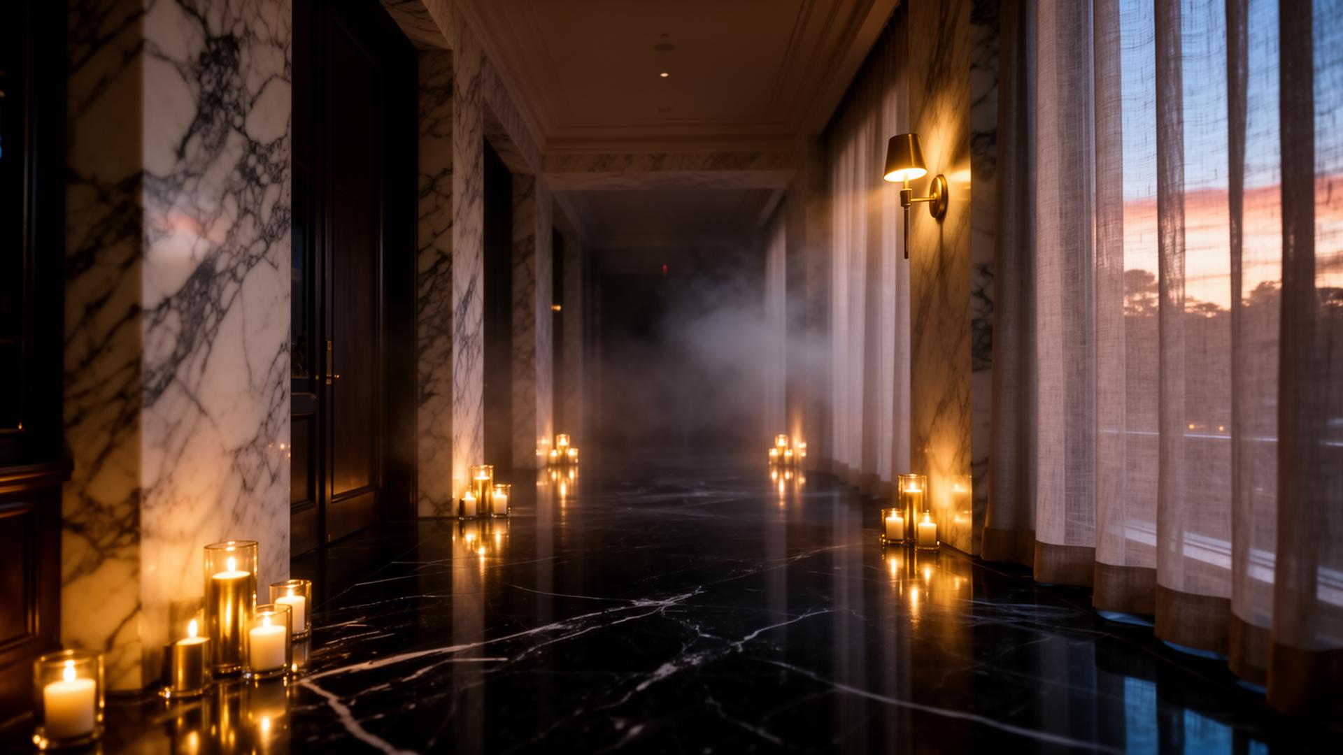 A candlelit marble corridor at dusk inside a private members club